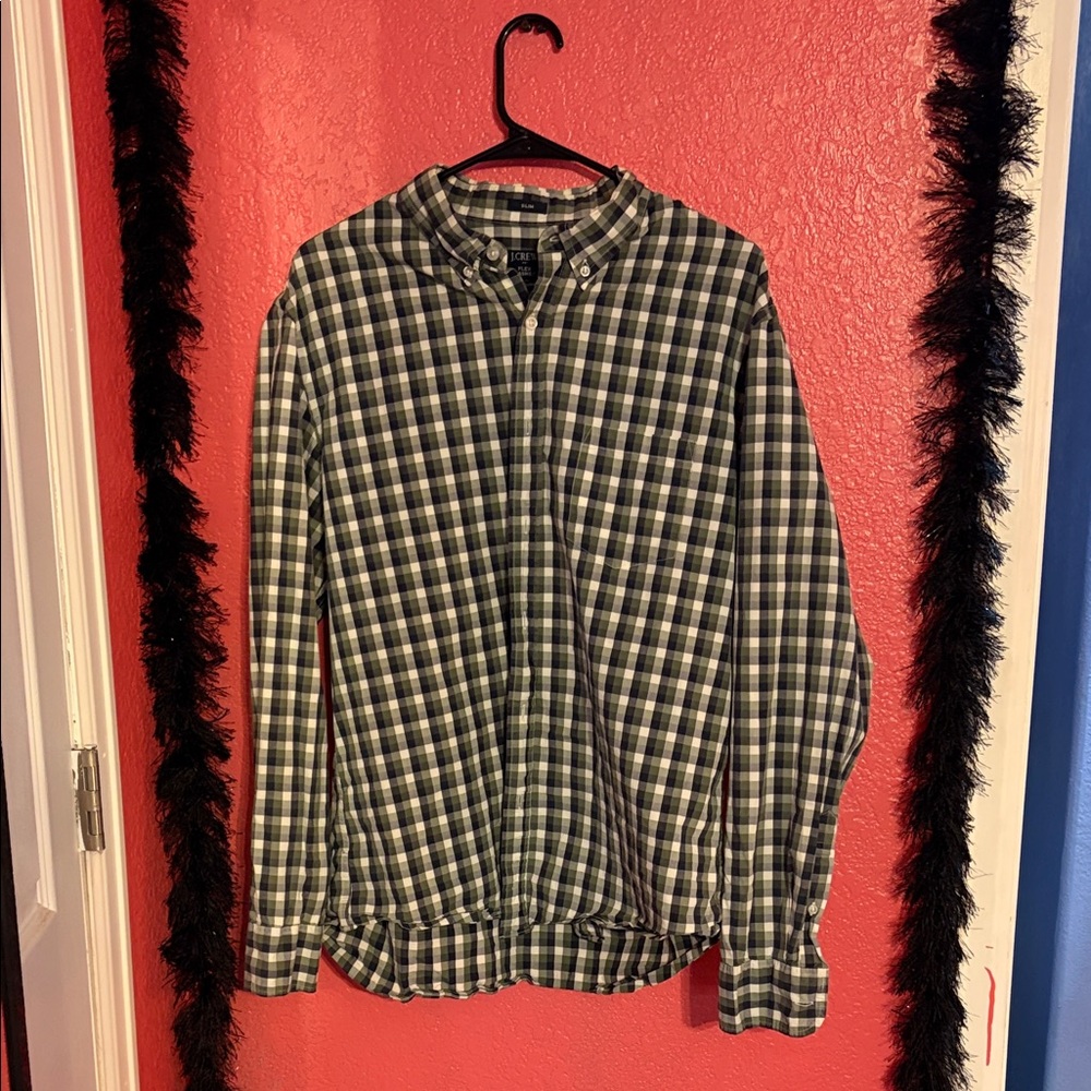 J. Crew Men's Black, White -and Olive Green Plaid Slim Fit